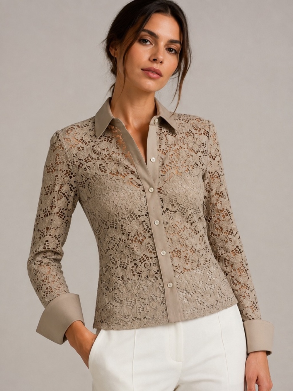 Anne Fontaine Taupe/Beige Salem Lace Button-Down Blouse - Size US 6-8